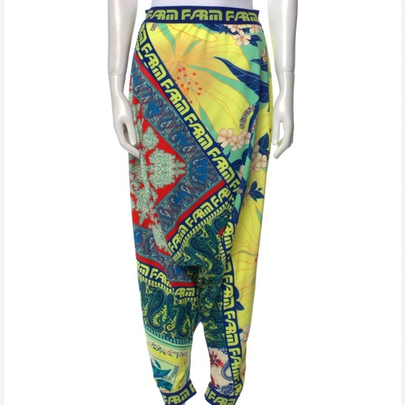 Farm Rio Patchwork Pants Logo Yellow Green Harem Pant Pull On Sz XS NEW - Picture 1 of 11